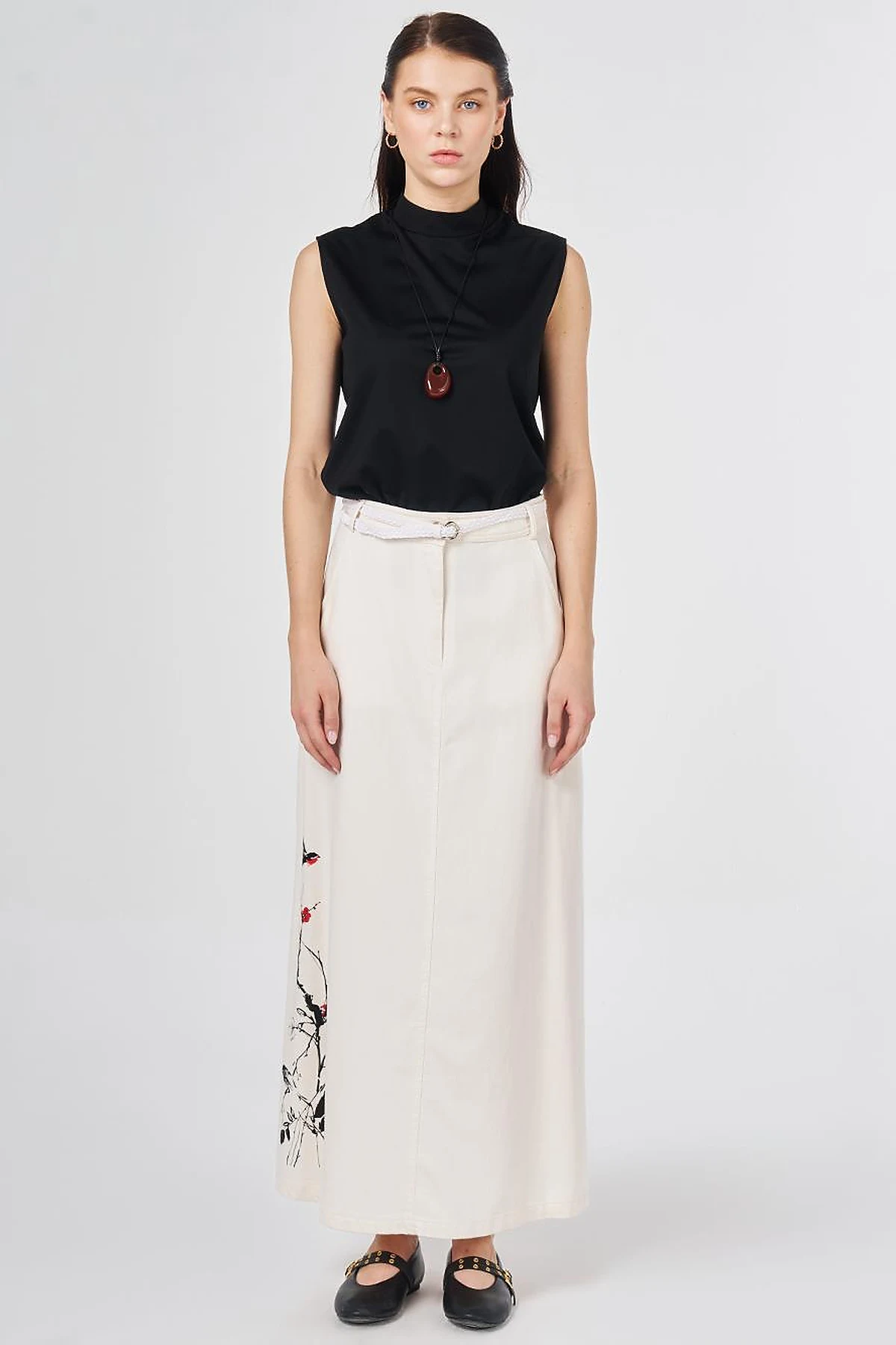 Belt-Detail Non-Denim Skirt Cream