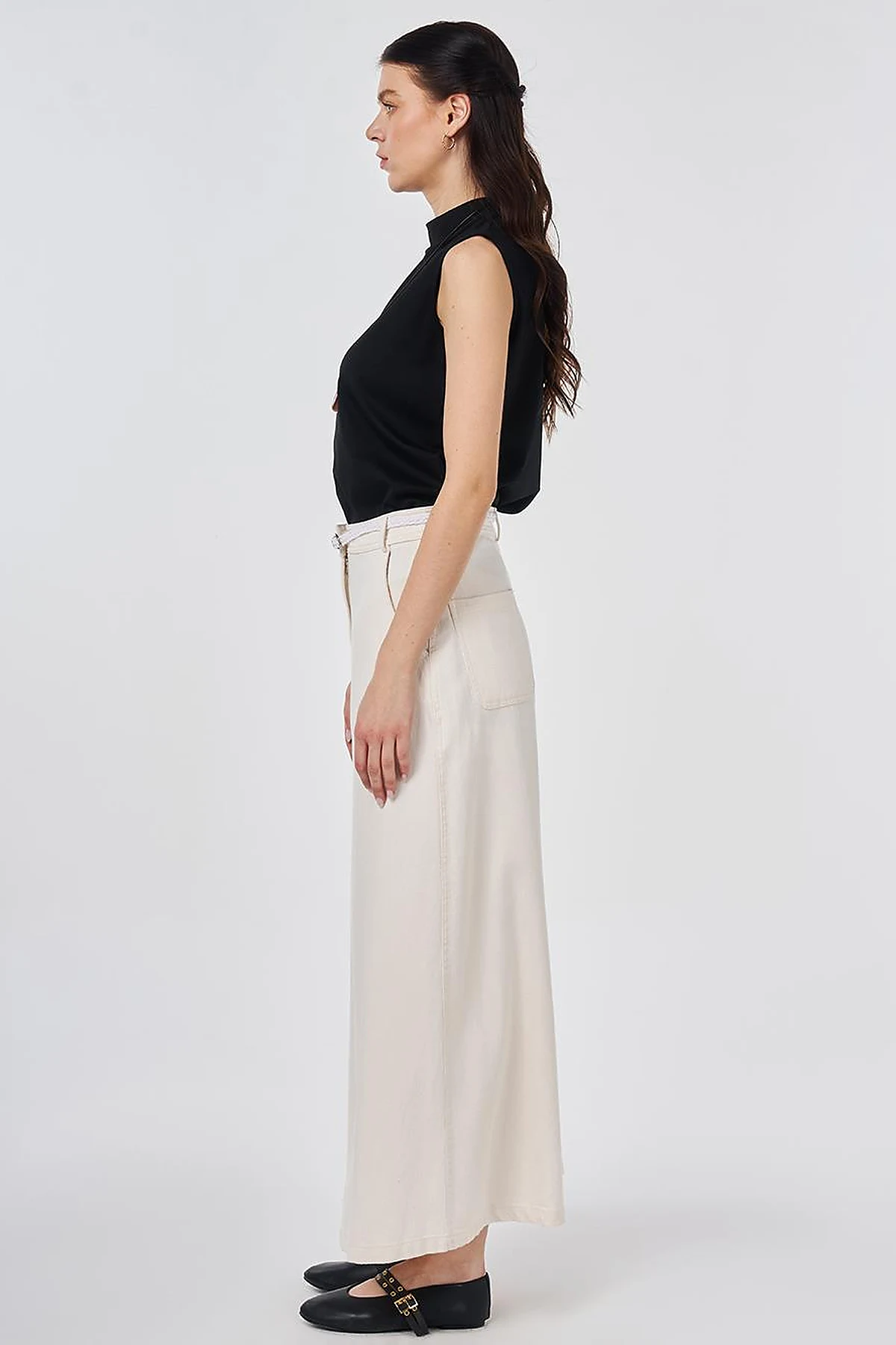 Belt-Detail Non-Denim Skirt Cream