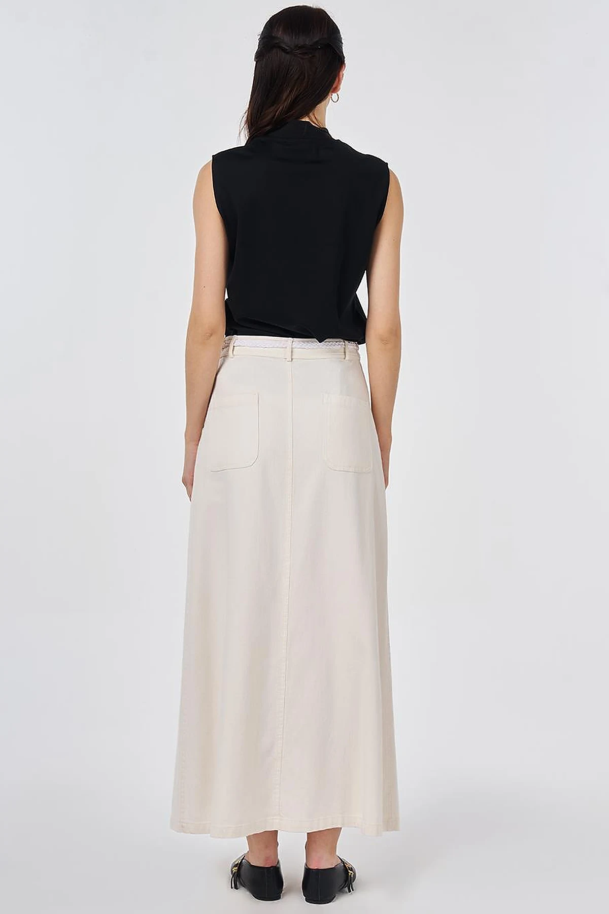 Belt-Detail Non-Denim Skirt Cream