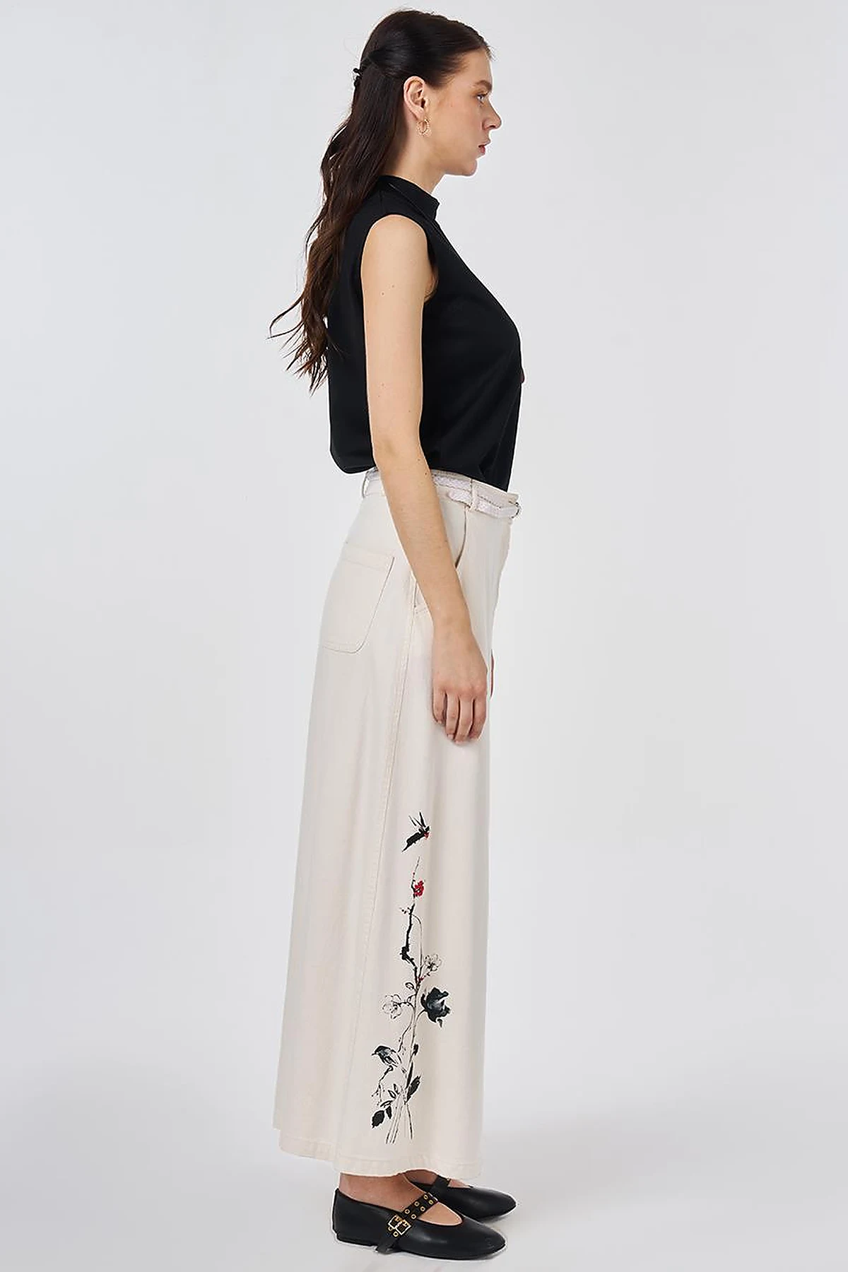 Belt-Detail Non-Denim Skirt Cream