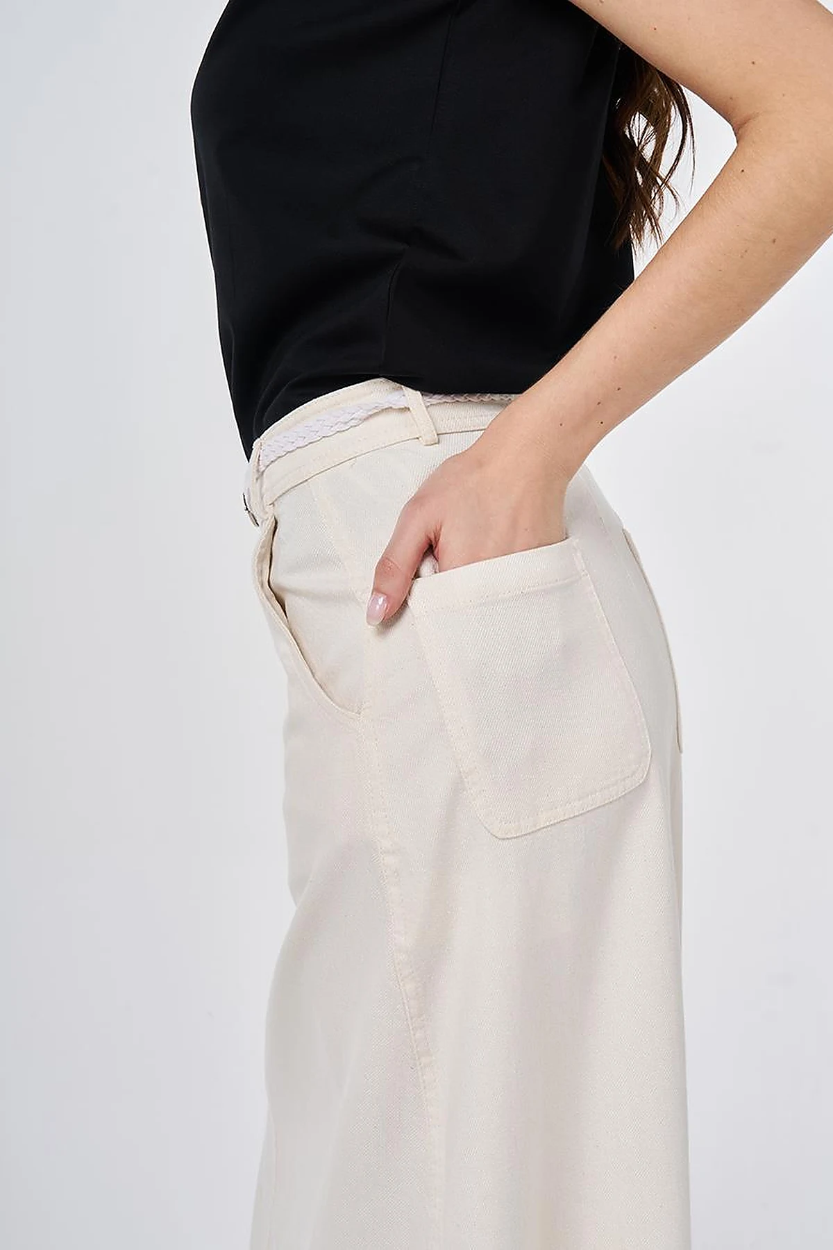 Belt-Detail Non-Denim Skirt Cream