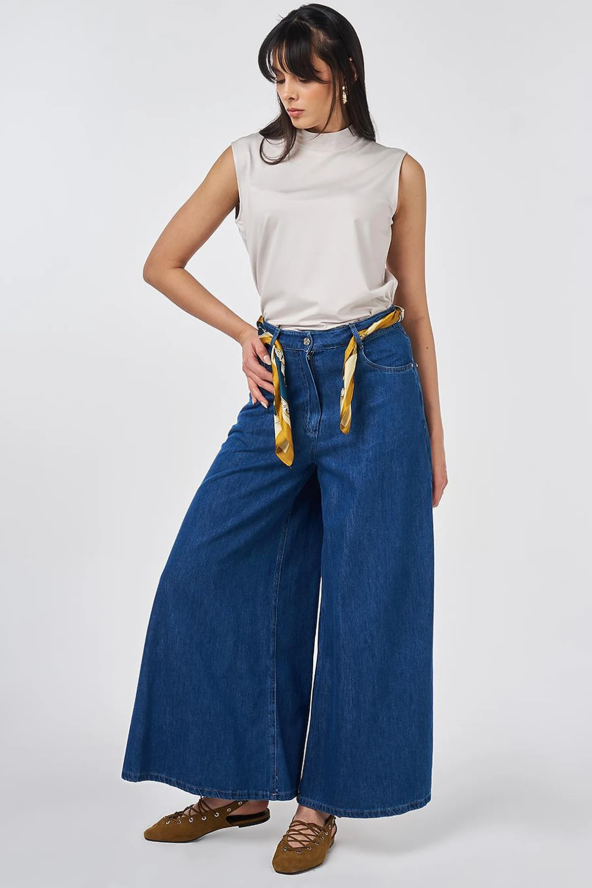 Yıkamalı Geniş Paça Denim Pantolon İndigo 