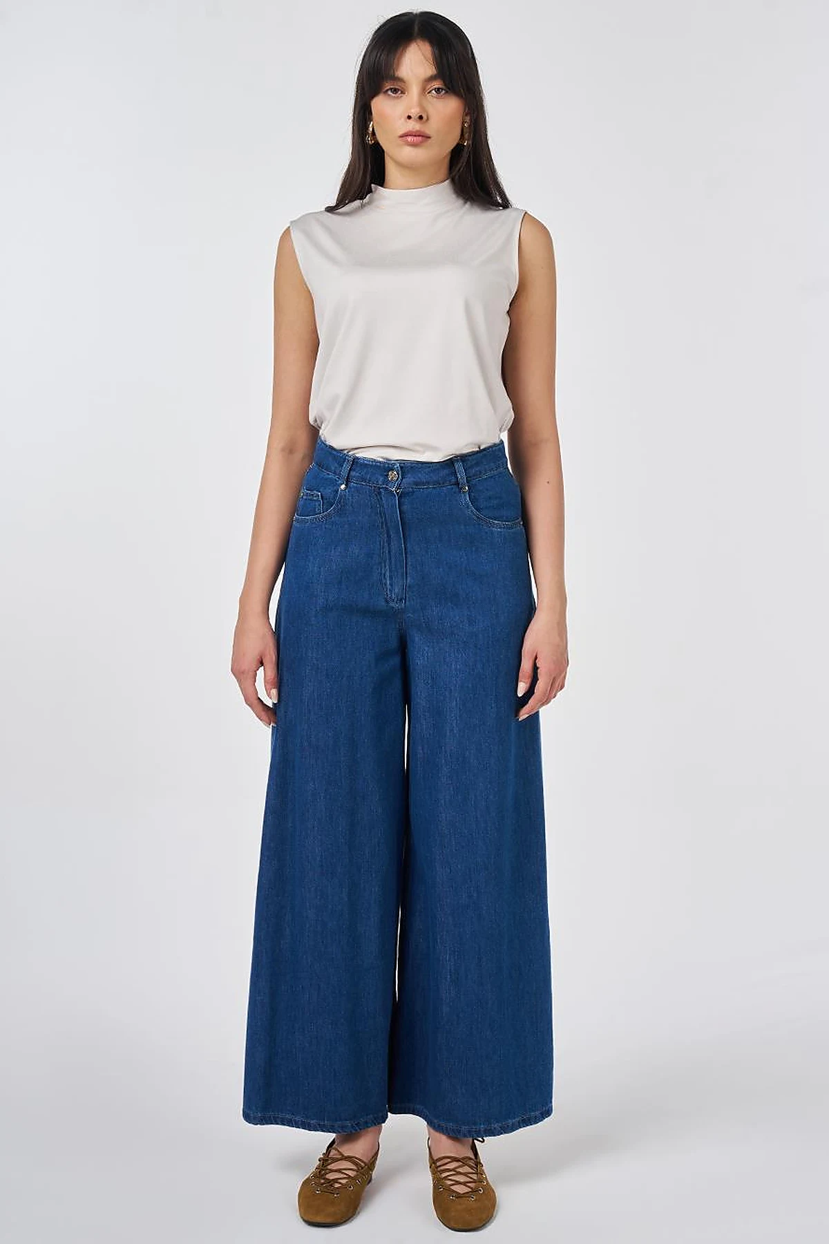 Yıkamalı Geniş Paça Denim Pantolon İndigo 