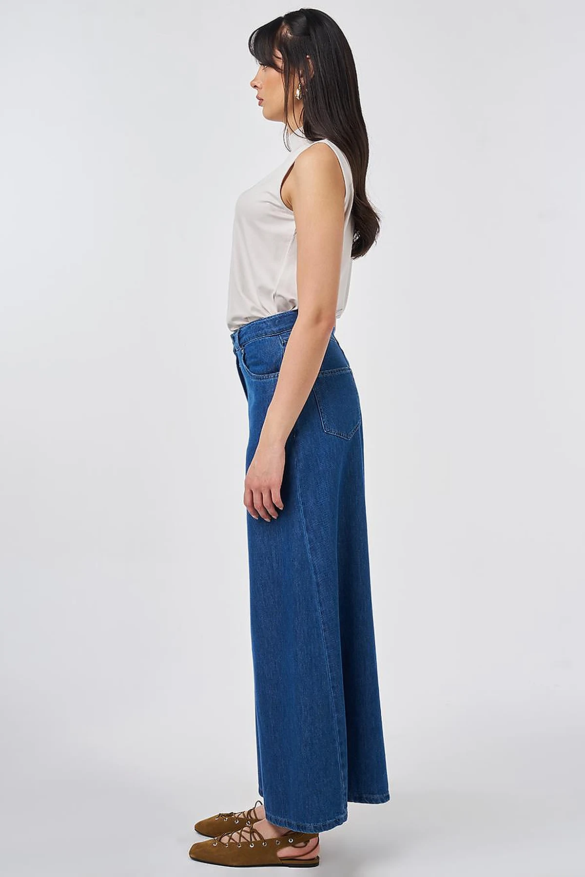 Yıkamalı Geniş Paça Denim Pantolon İndigo 