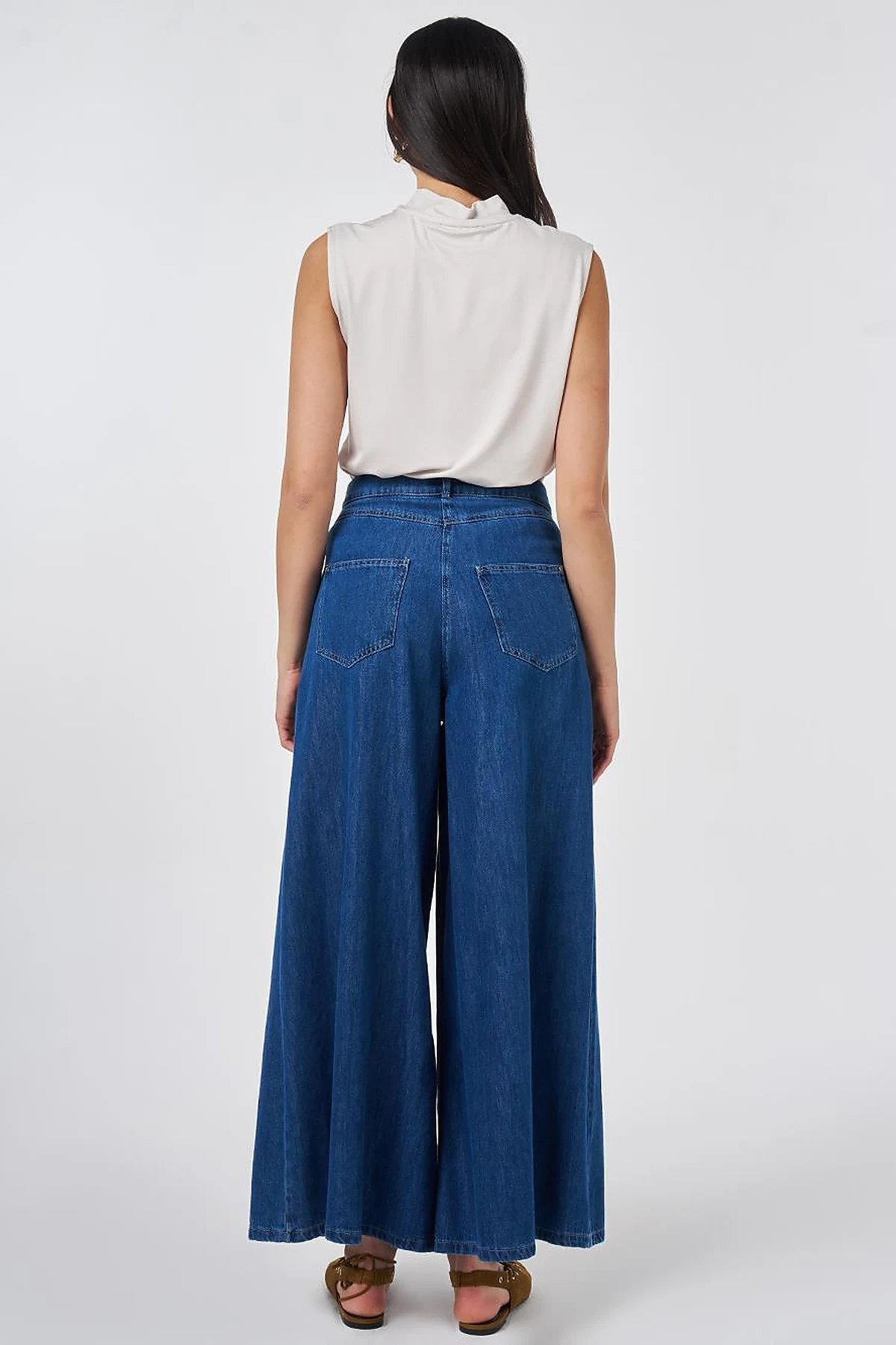 Yıkamalı Geniş Paça Denim Pantolon İndigo 