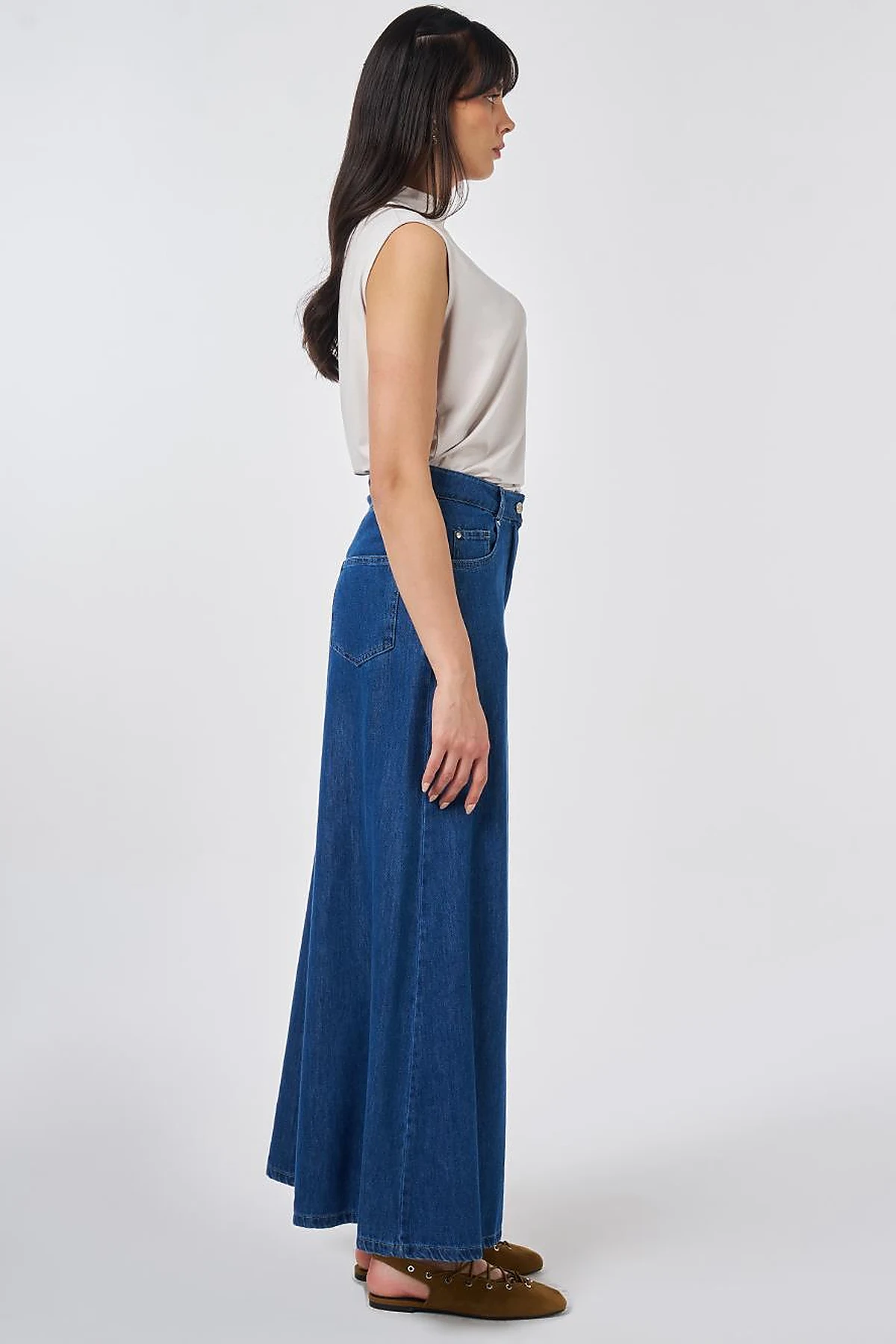 Yıkamalı Geniş Paça Denim Pantolon İndigo 