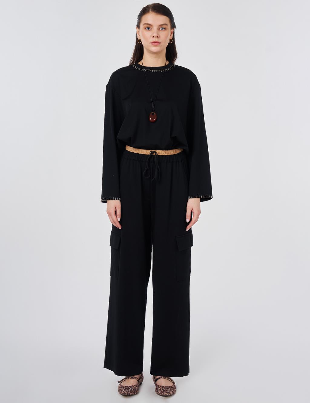Contrast Waist Detail Pants Black
