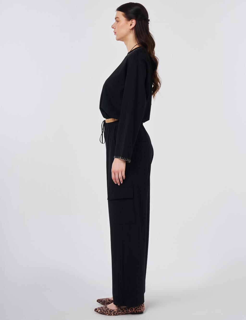 Contrast Waist Detail Pants Black