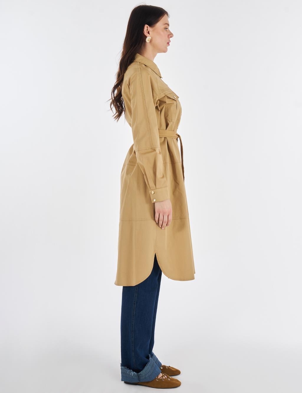 Çift Cepli Uzun Tunik Bej 