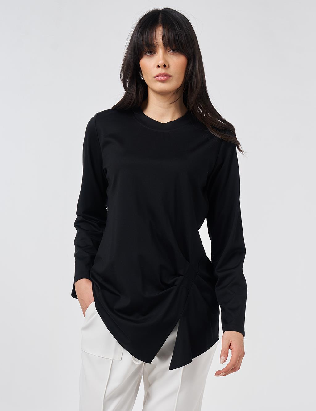 Draped Detail Rayon Blouse Black