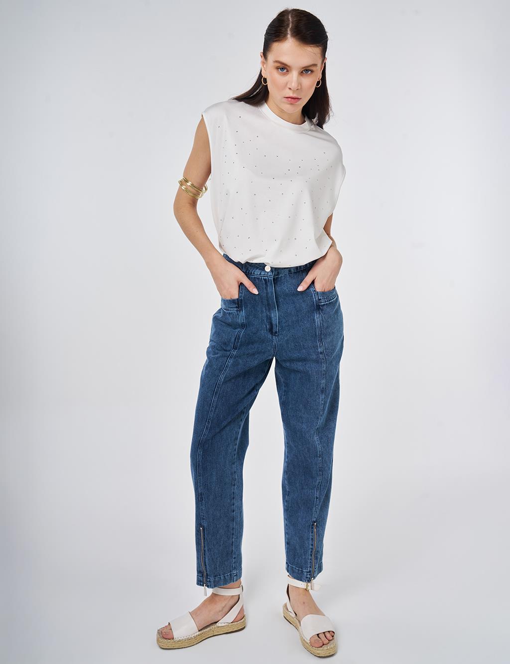 Washed Denim Trousers with Zippered Hems Blue 