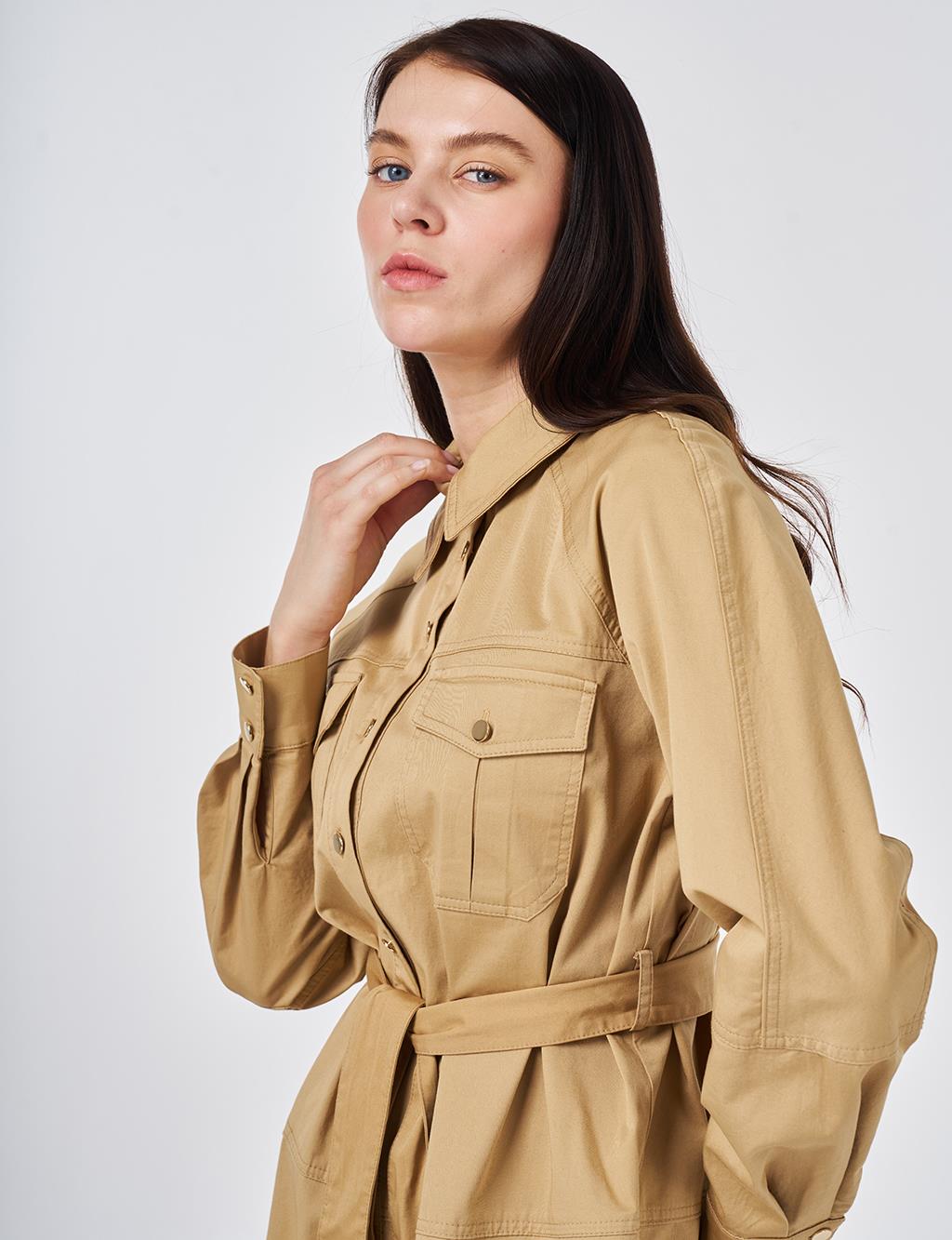 Çift Cepli Uzun Tunik Bej 