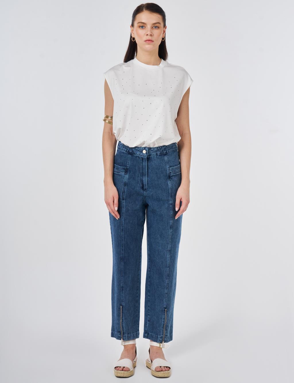 Washed Denim Trousers with Zippered Hems Blue 