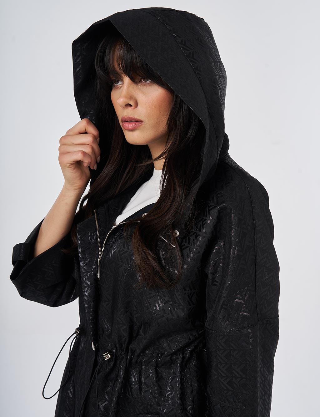 Jacquard Short Trench Coat Black