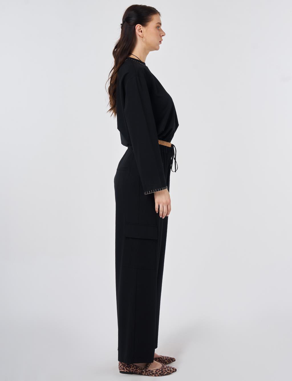 Contrast Waist Detail Pants Black