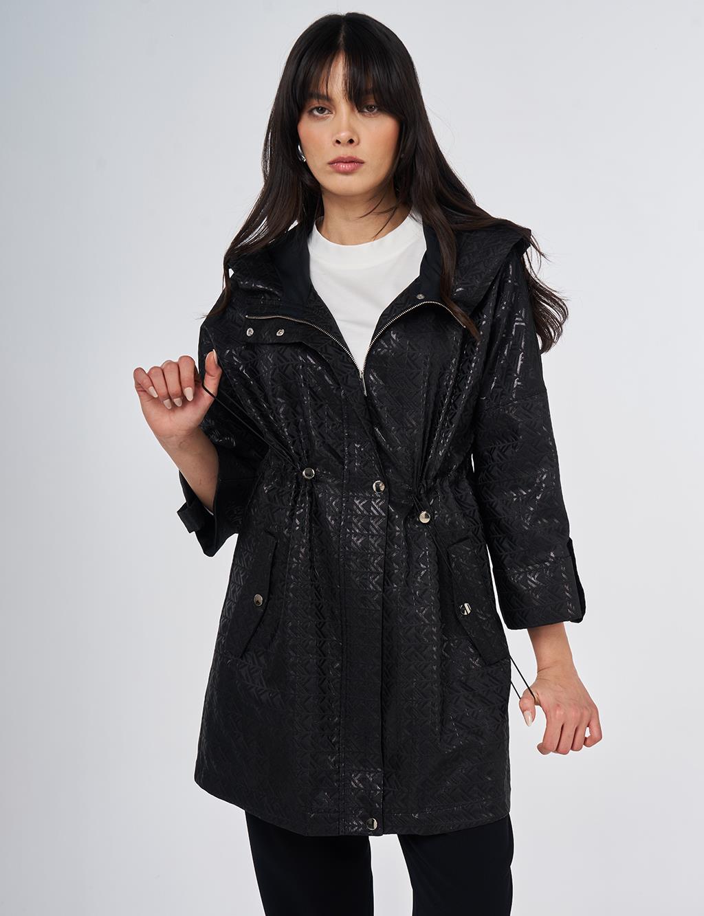 Jacquard Short Trench Coat Black
