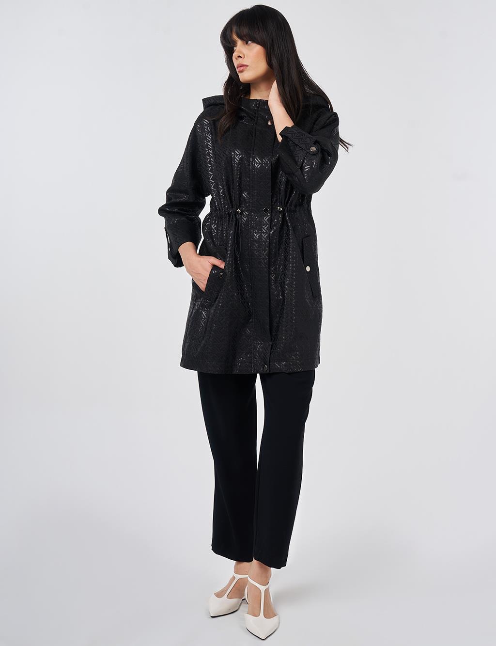 Jacquard Short Trench Coat Black