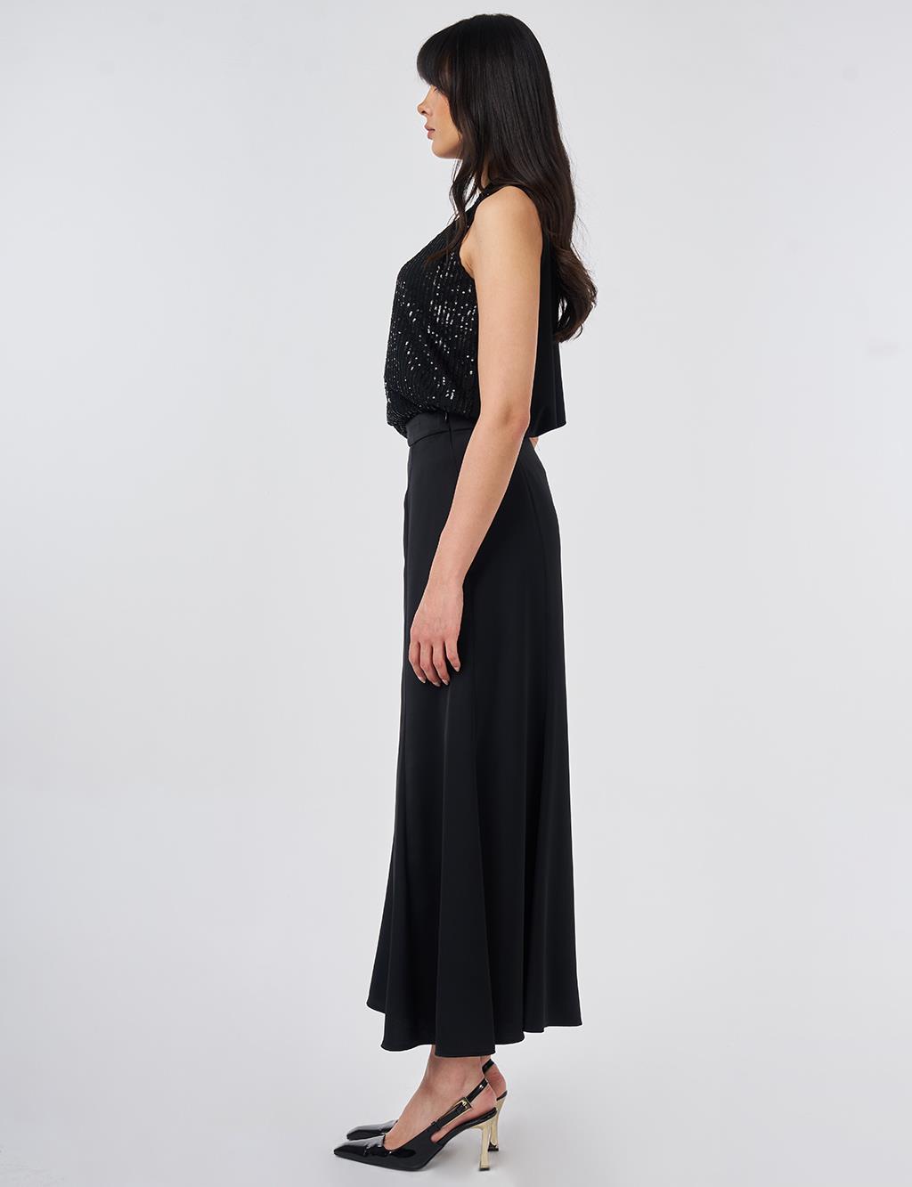 High-Waisted Satin A-Line Skirt Black