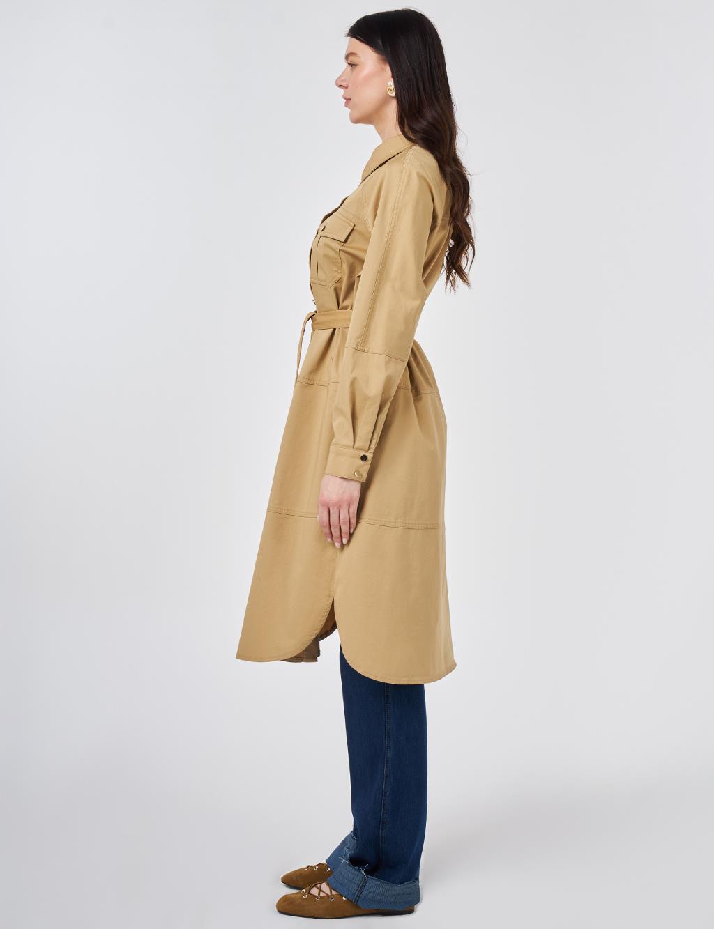 Çift Cepli Uzun Tunik Bej 