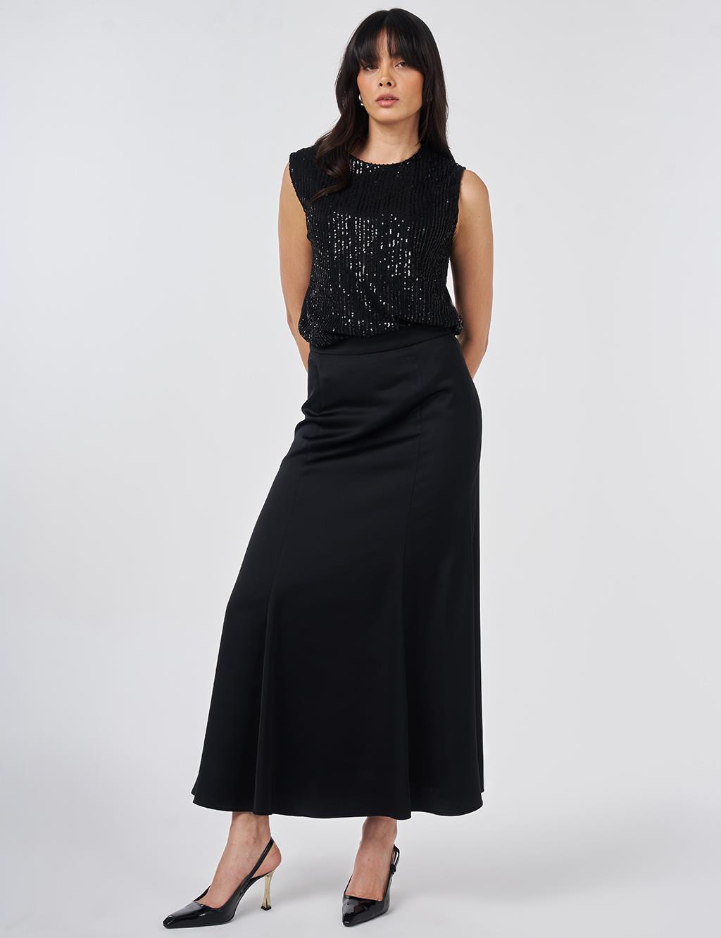 High-Waisted Satin A-Line Skirt Black