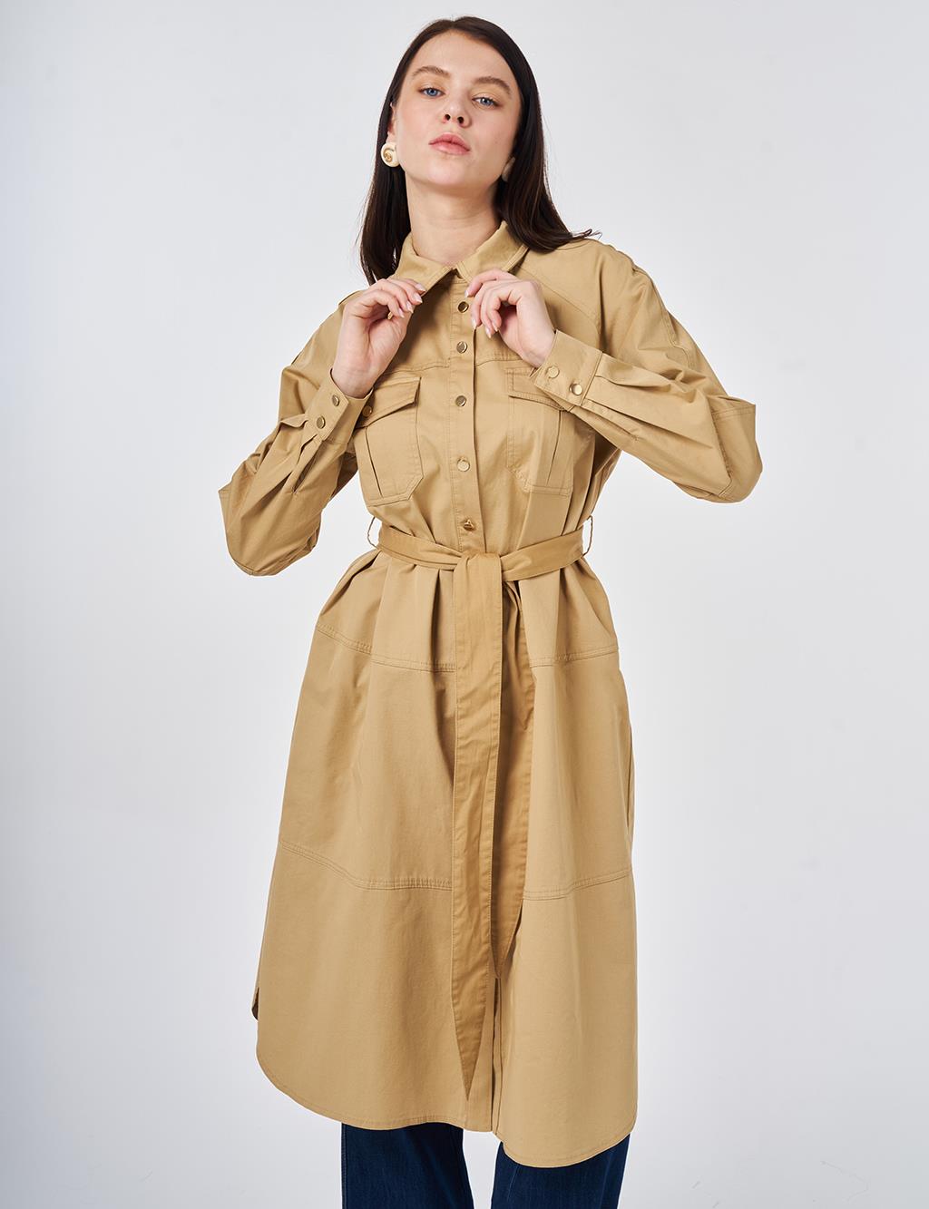 Çift Cepli Uzun Tunik Bej 