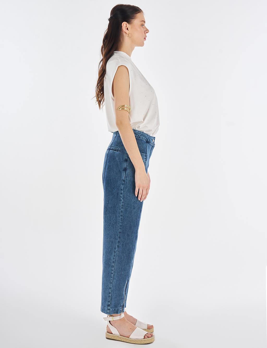 Washed Denim Trousers with Zippered Hems Blue 