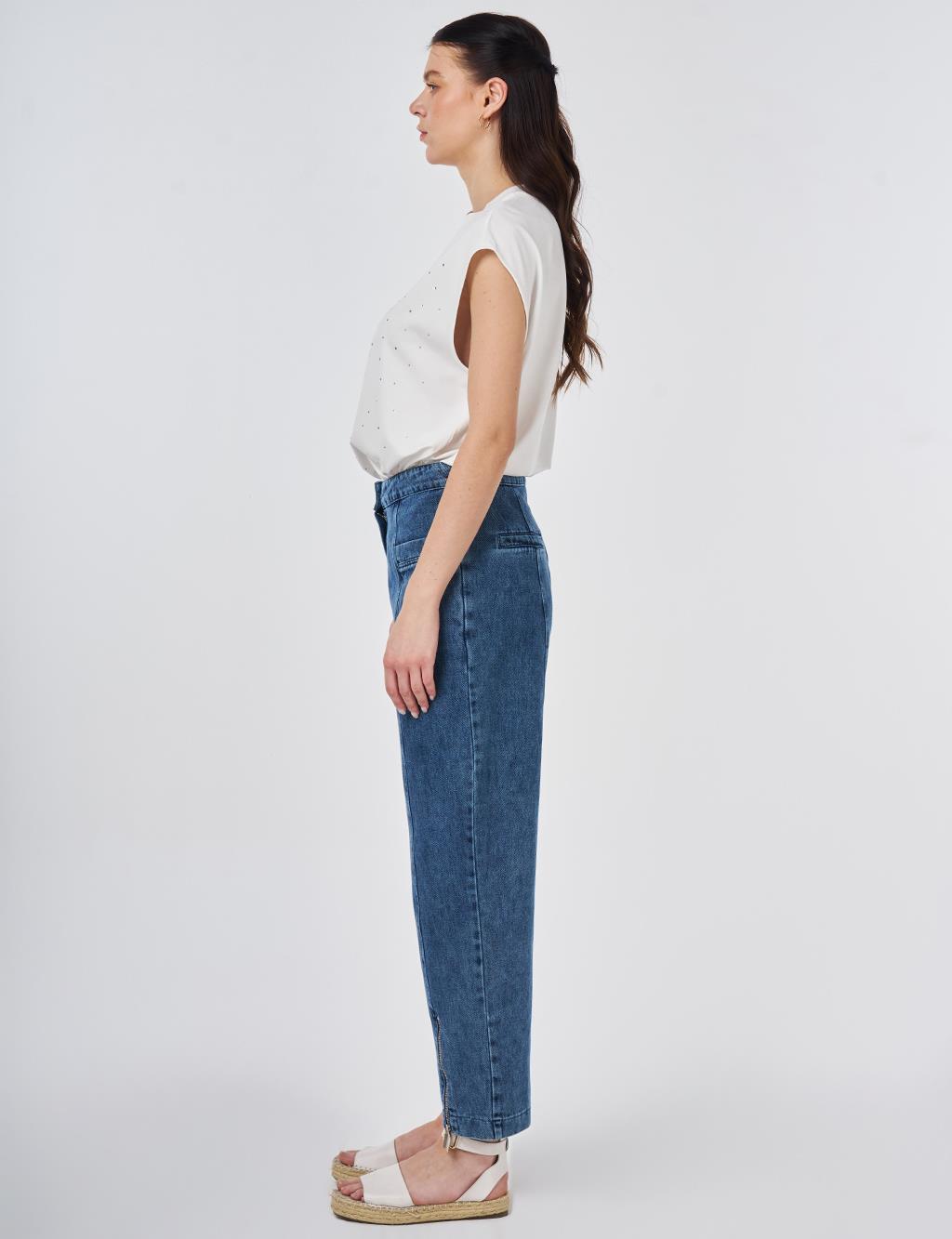 Washed Denim Trousers with Zippered Hems Blue 