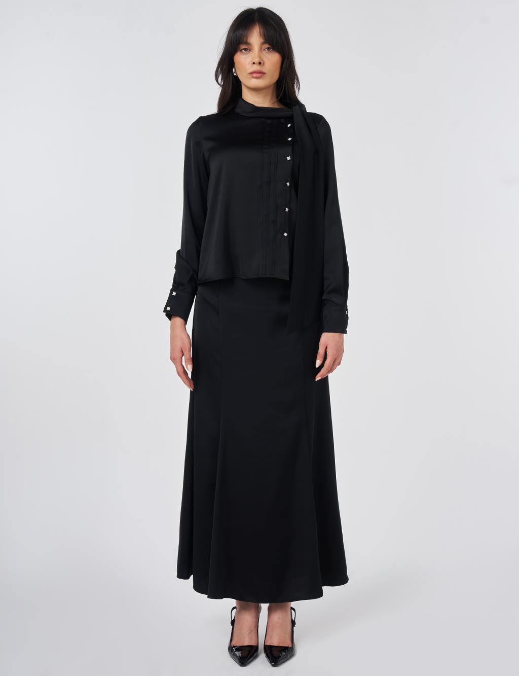 Şal Yaka Saten Şık Bluz Siyah