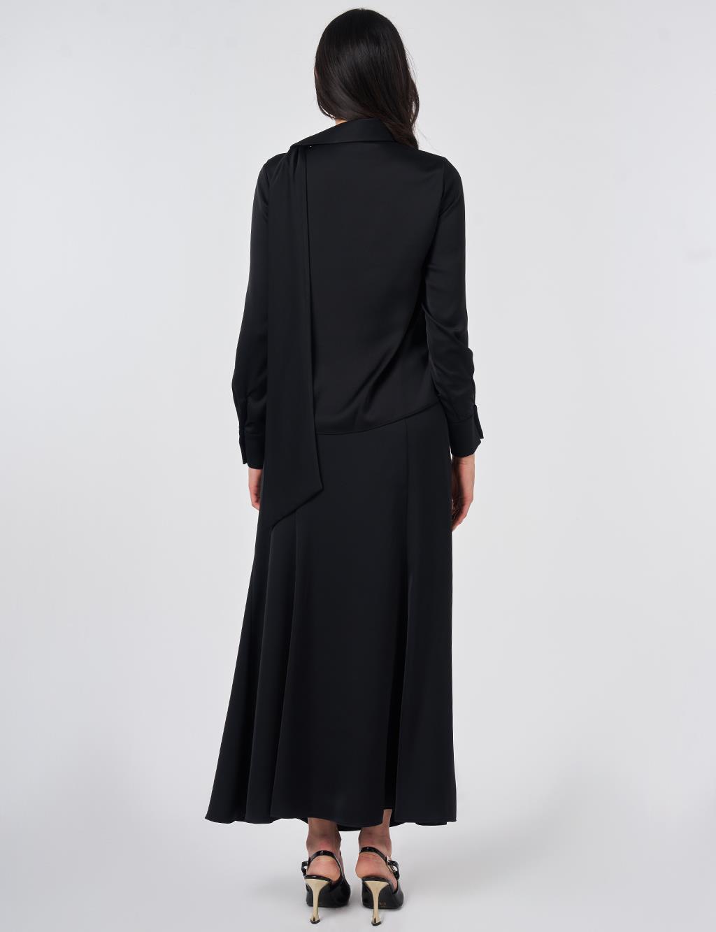 Şal Yaka Saten Şık Bluz Siyah