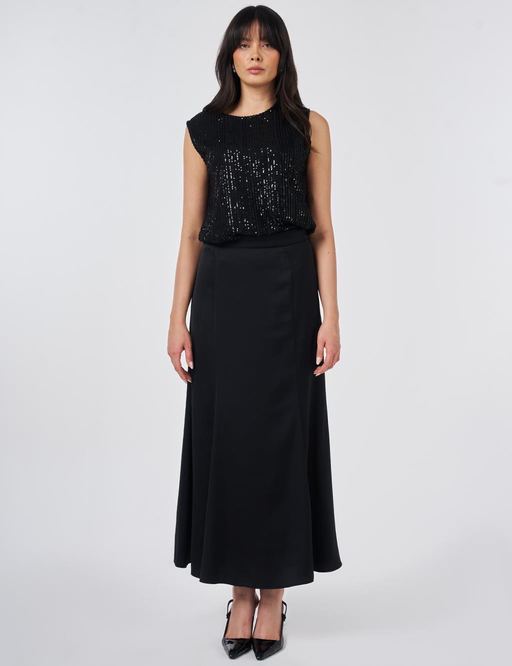 High-Waisted Satin A-Line Skirt Black