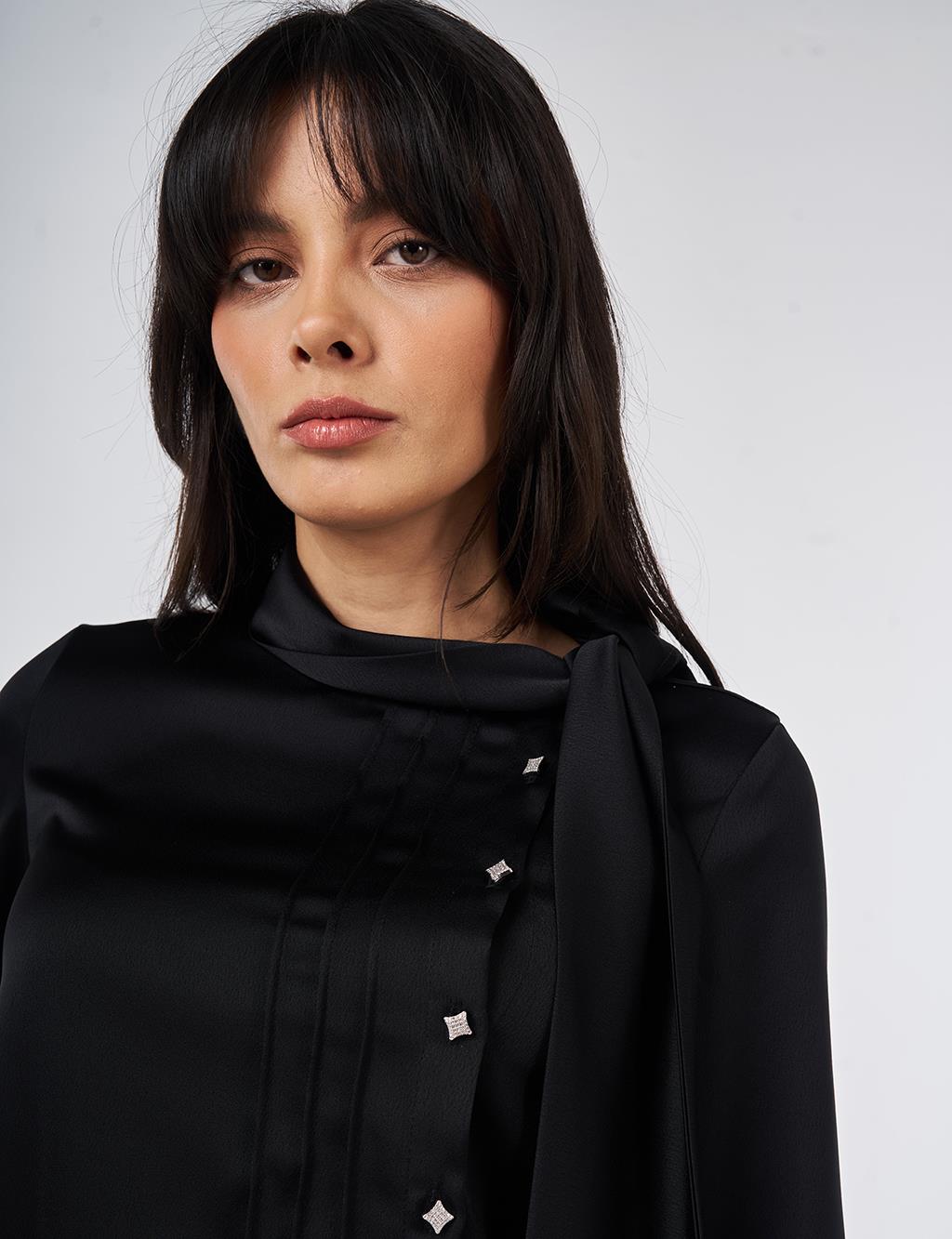 Şal Yaka Saten Şık Bluz Siyah