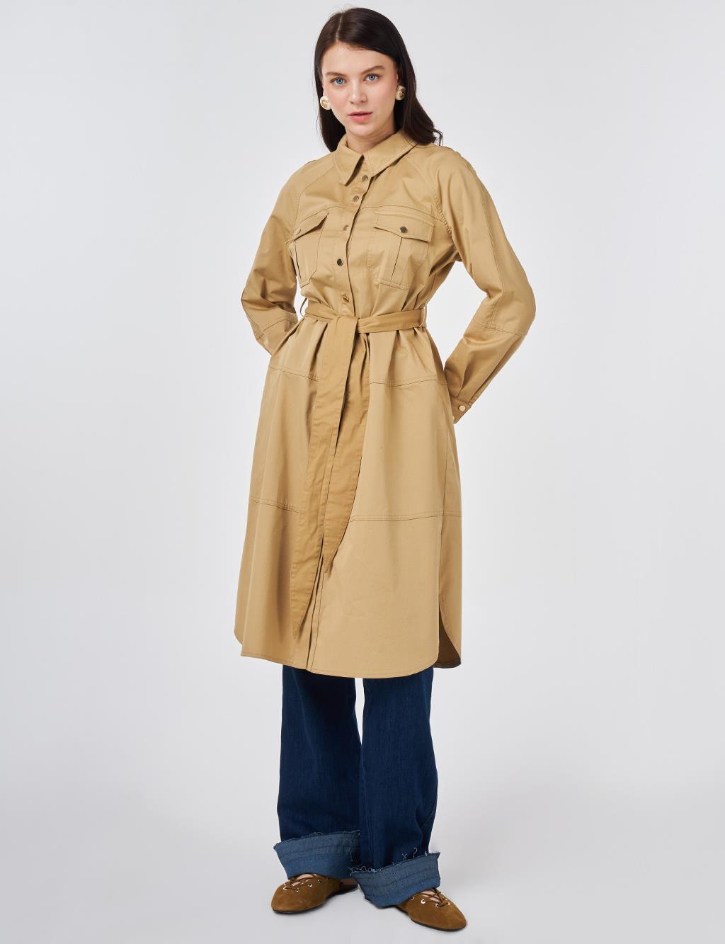 Çift Cepli Uzun Tunik Bej 