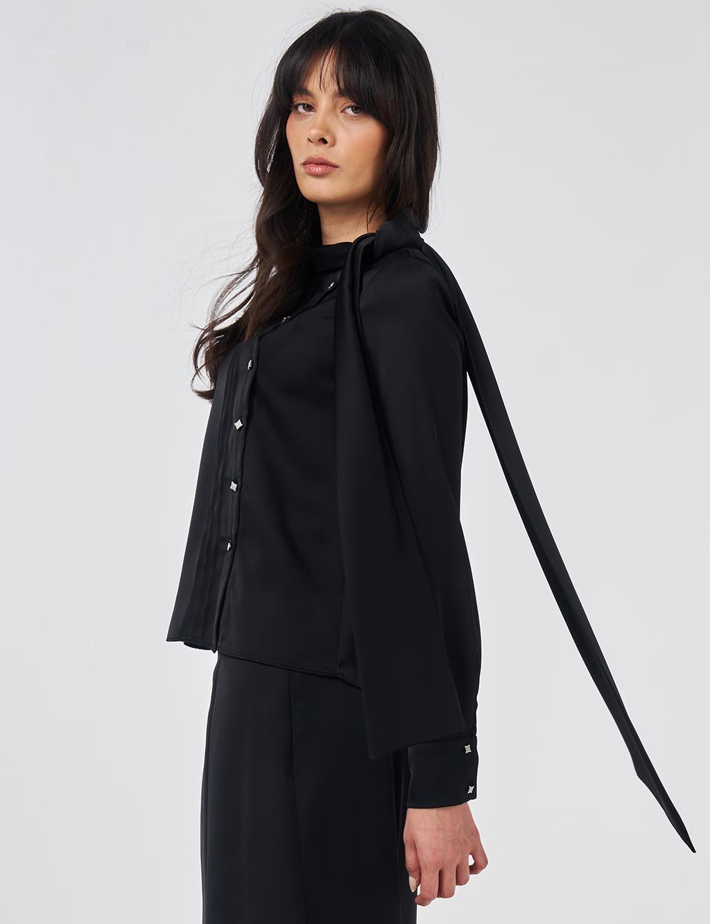 Şal Yaka Saten Şık Bluz Siyah