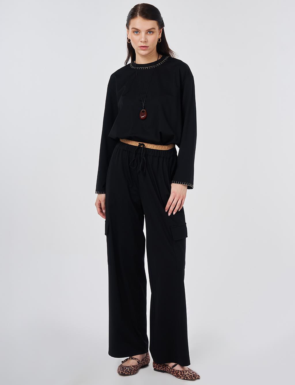 Contrast Waist Detail Pants Black
