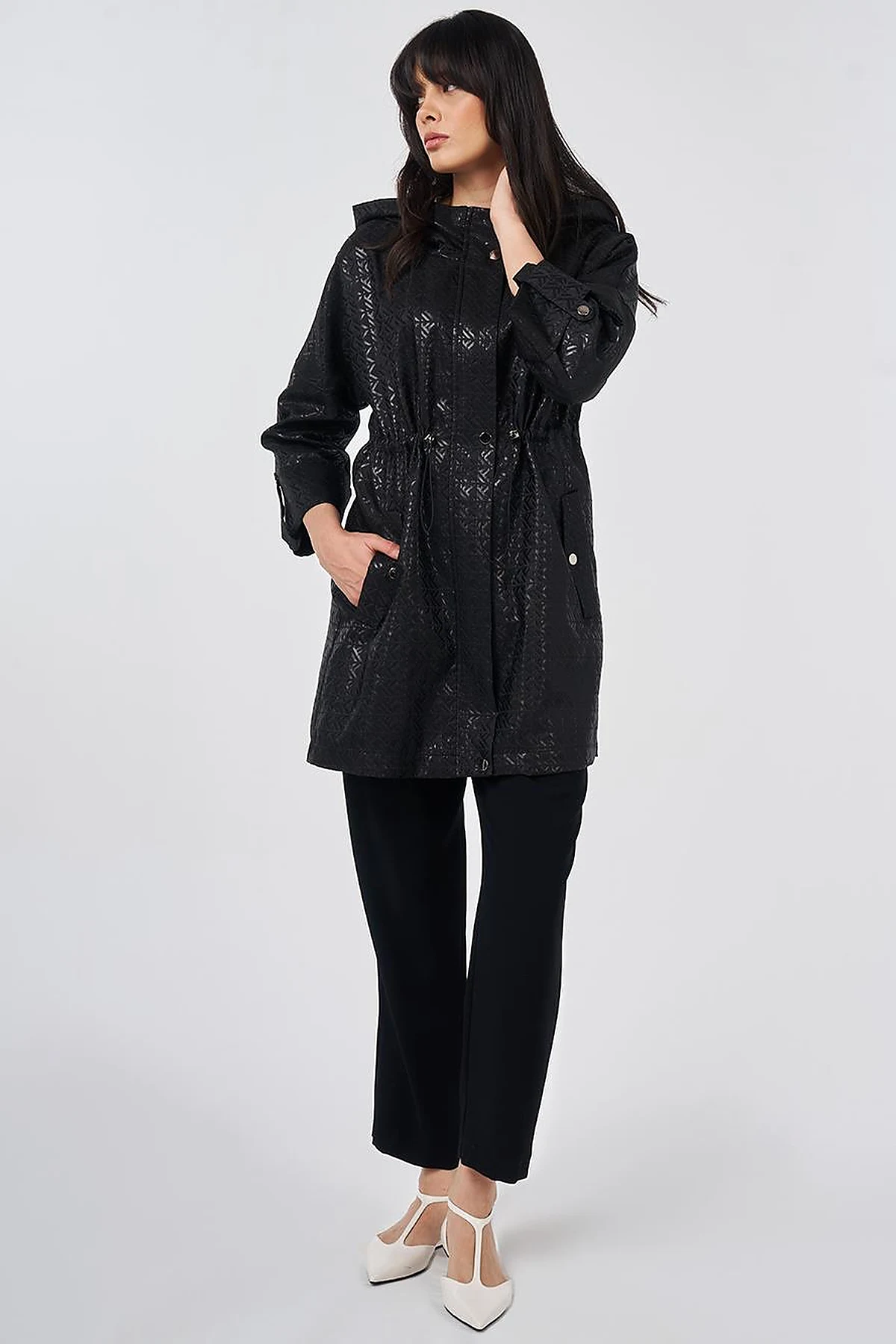 Jacquard Short Trench Coat Black