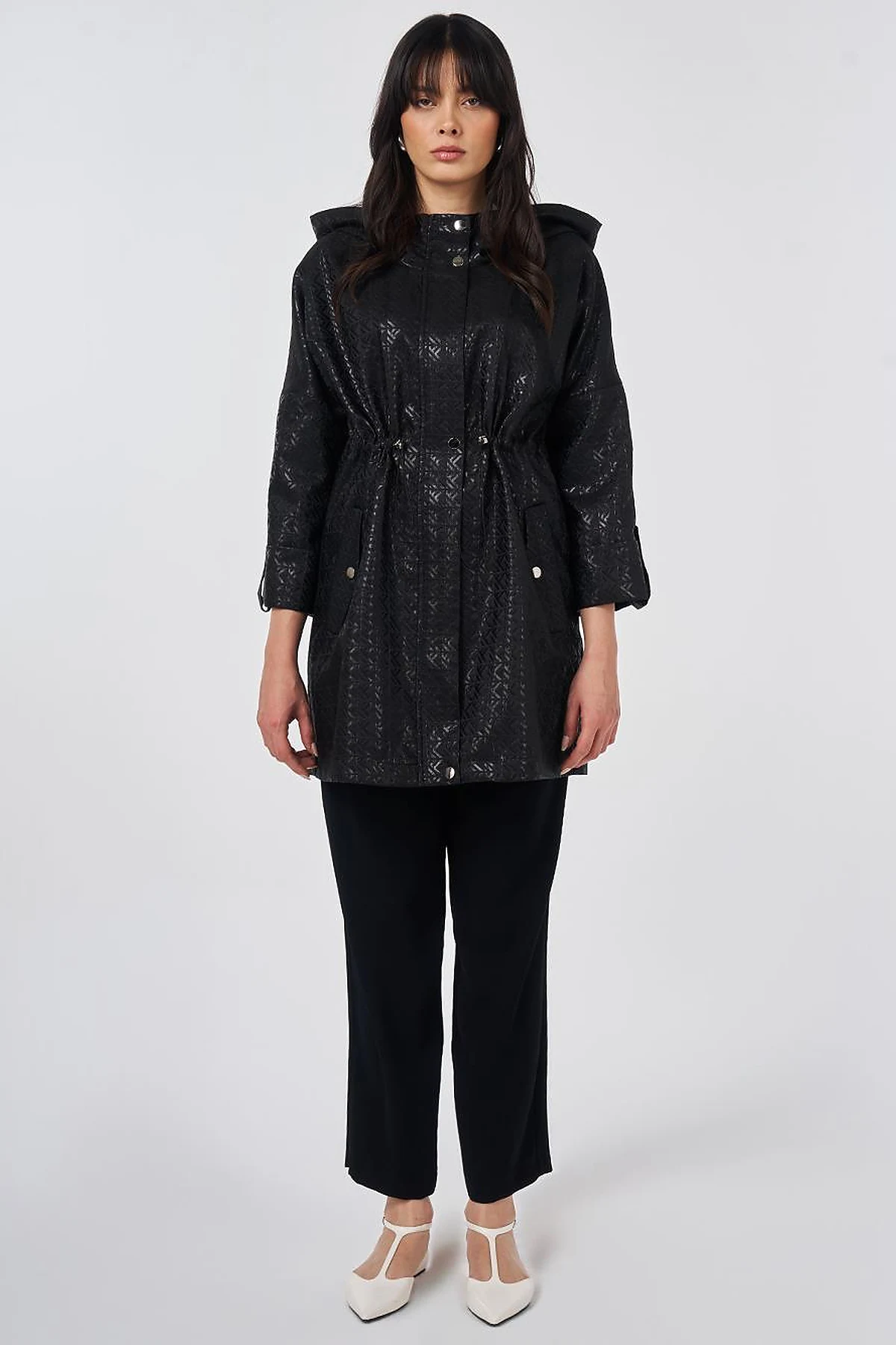 Jacquard Short Trench Coat Black