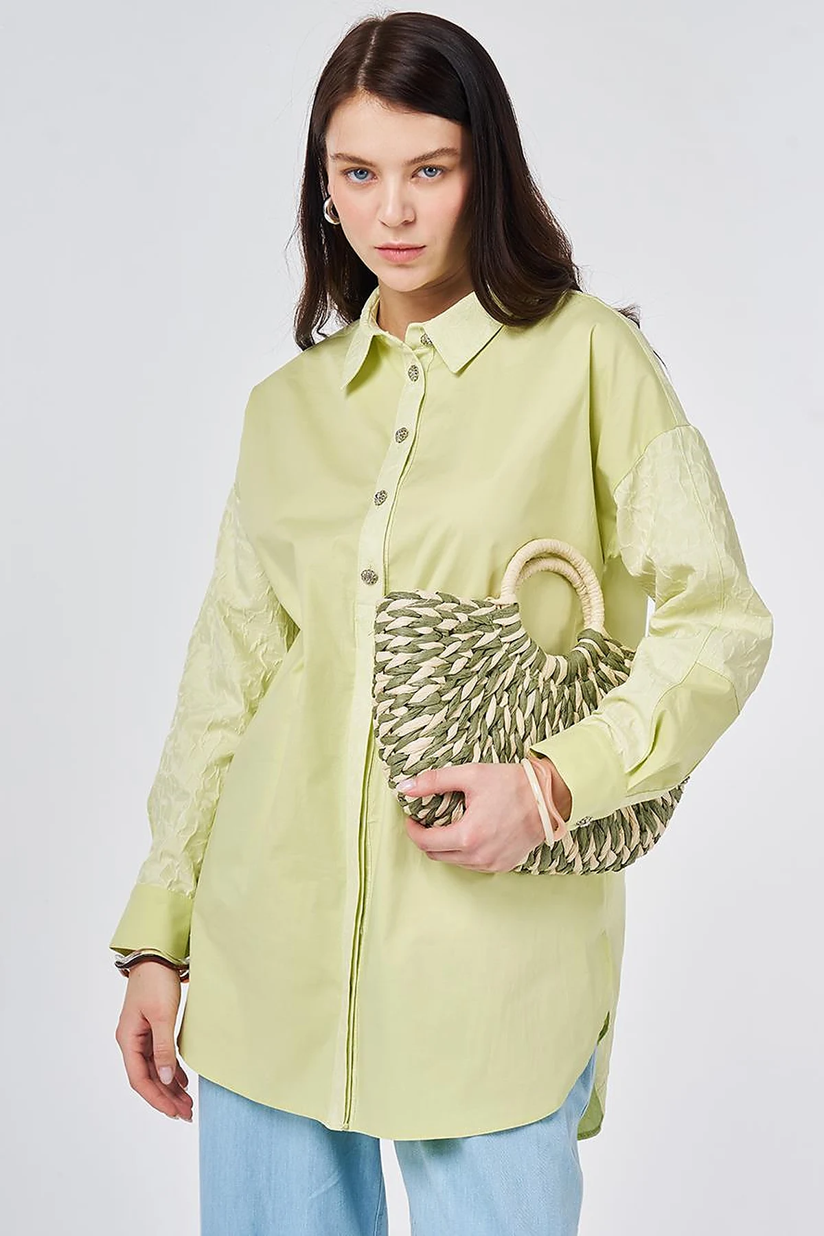 Fabric-Trimmed Cotton Tunic Lime