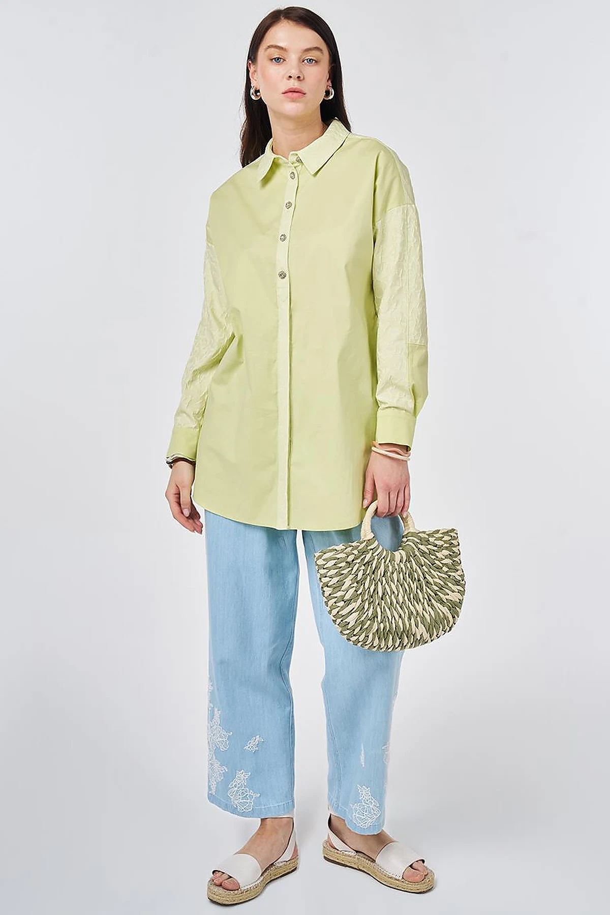 Fabric-Trimmed Cotton Tunic Lime