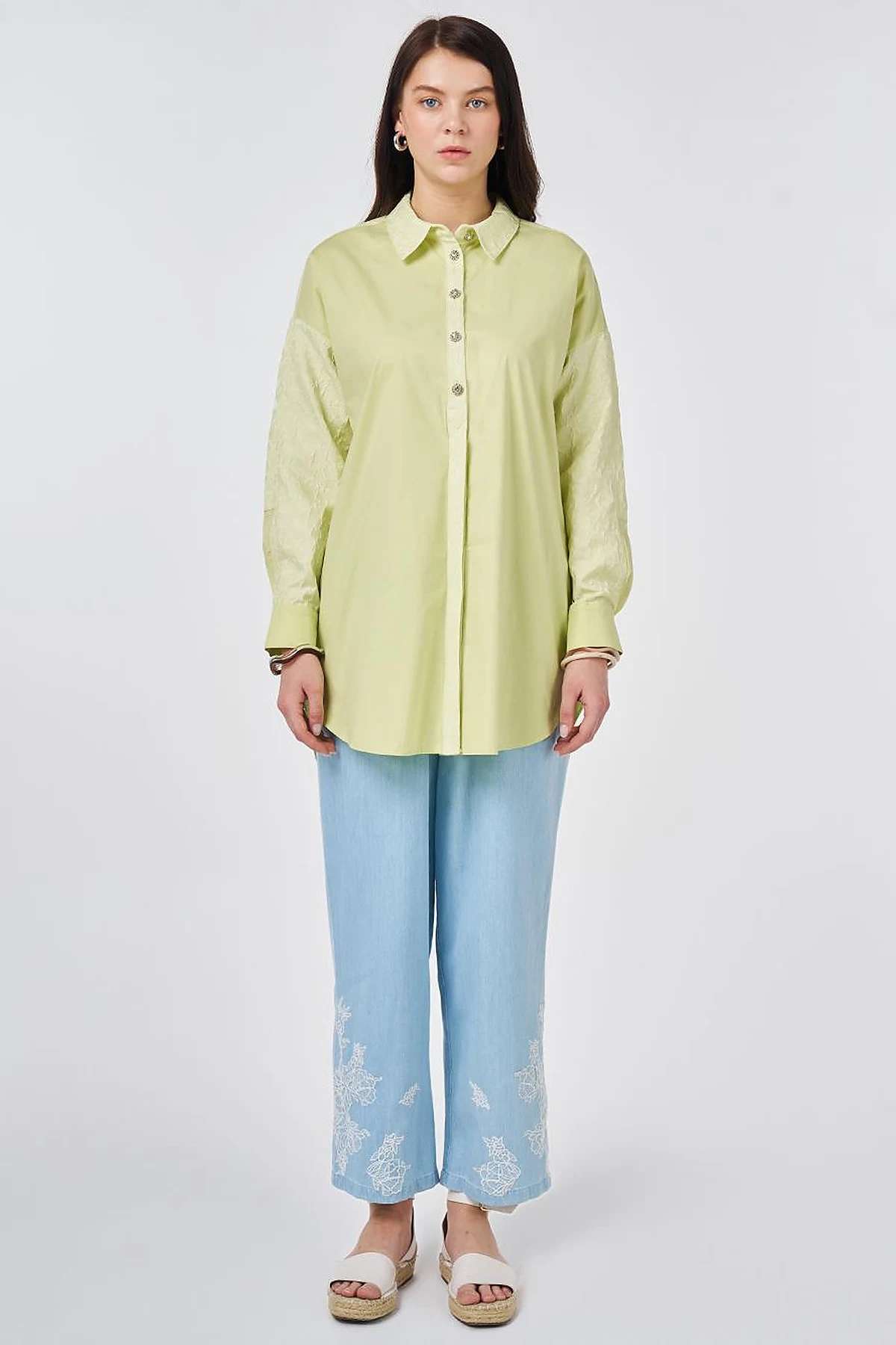 Fabric-Trimmed Cotton Tunic Lime