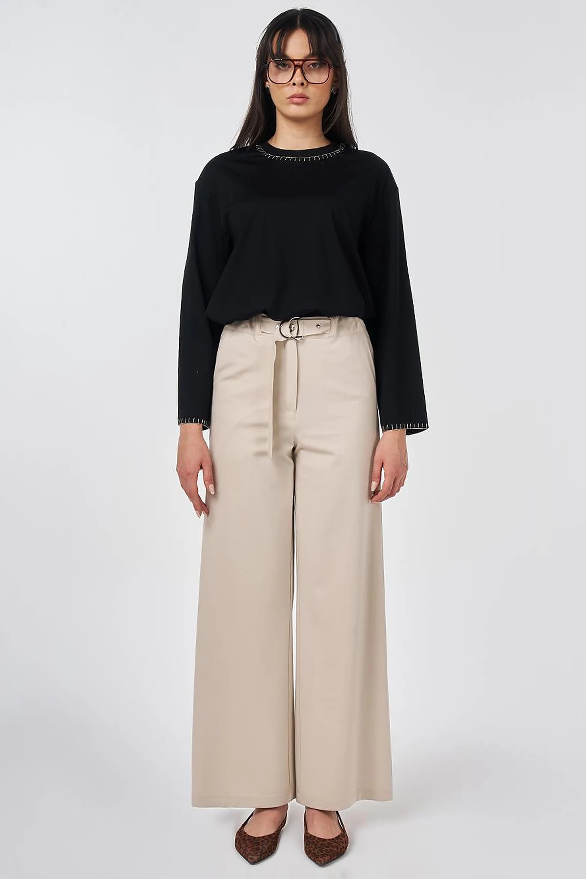 Metal-Buckle Rayon Pants Stone