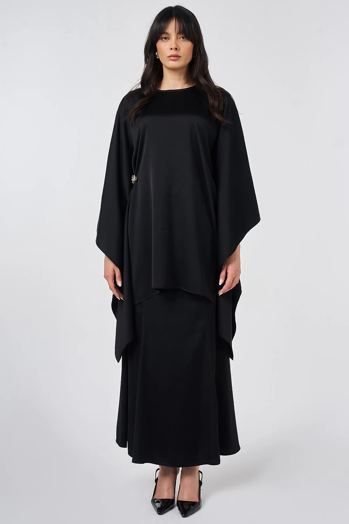 Satin Tunic with Metal Buckle Detail Black 