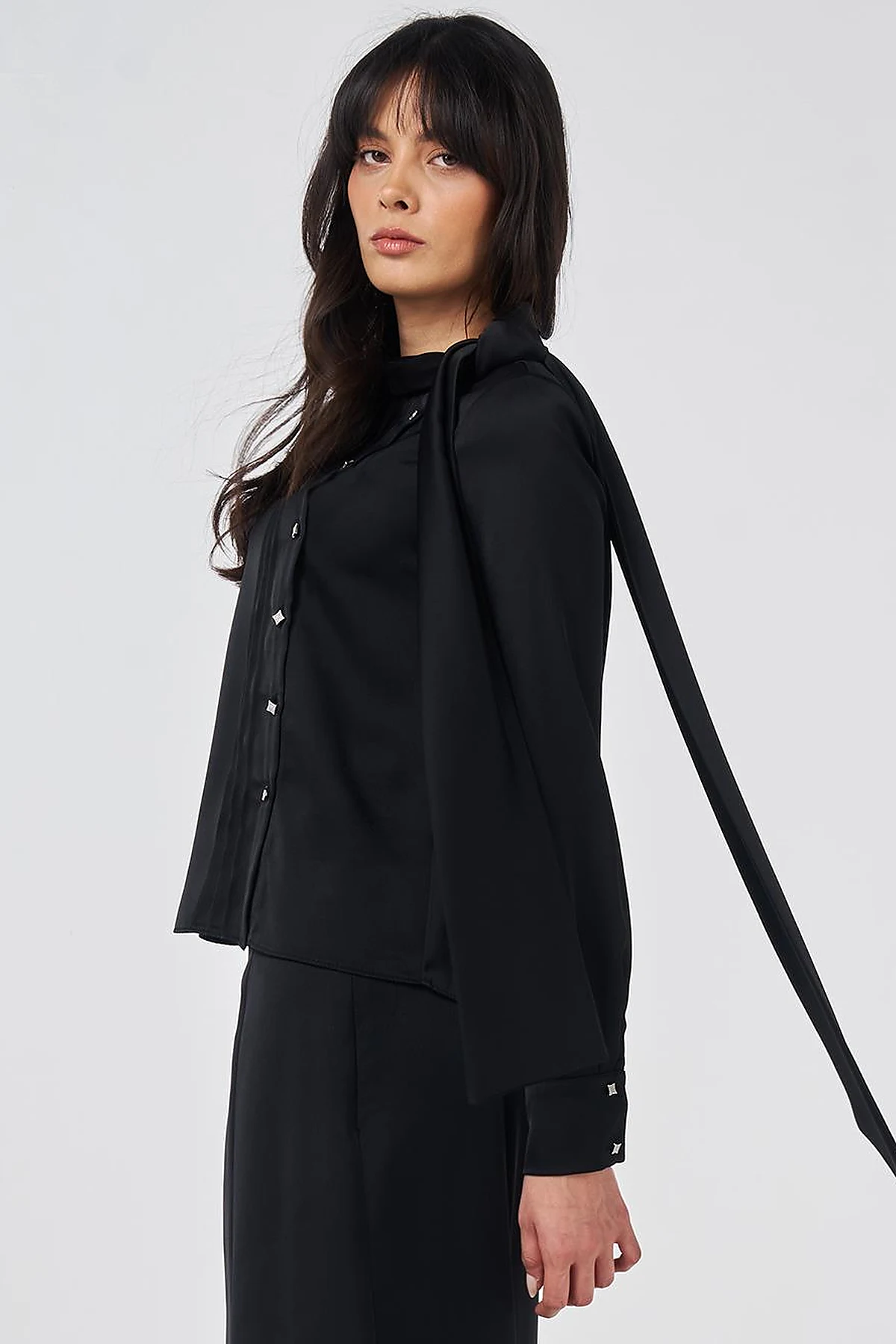 Shawl Collar Satin Elegant Blouse Black