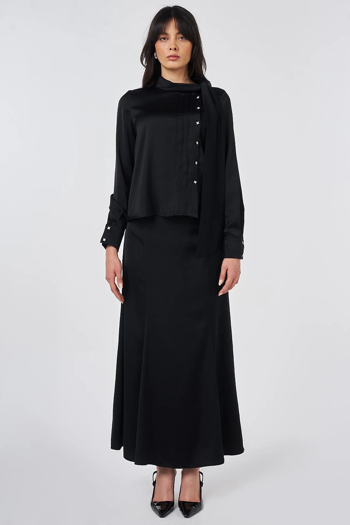 Shawl Collar Satin Elegant Blouse Black