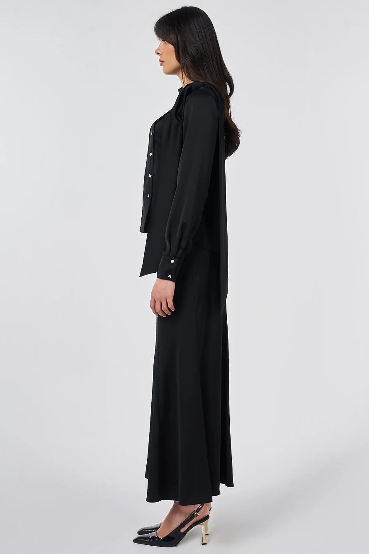 Shawl Collar Satin Elegant Blouse Black