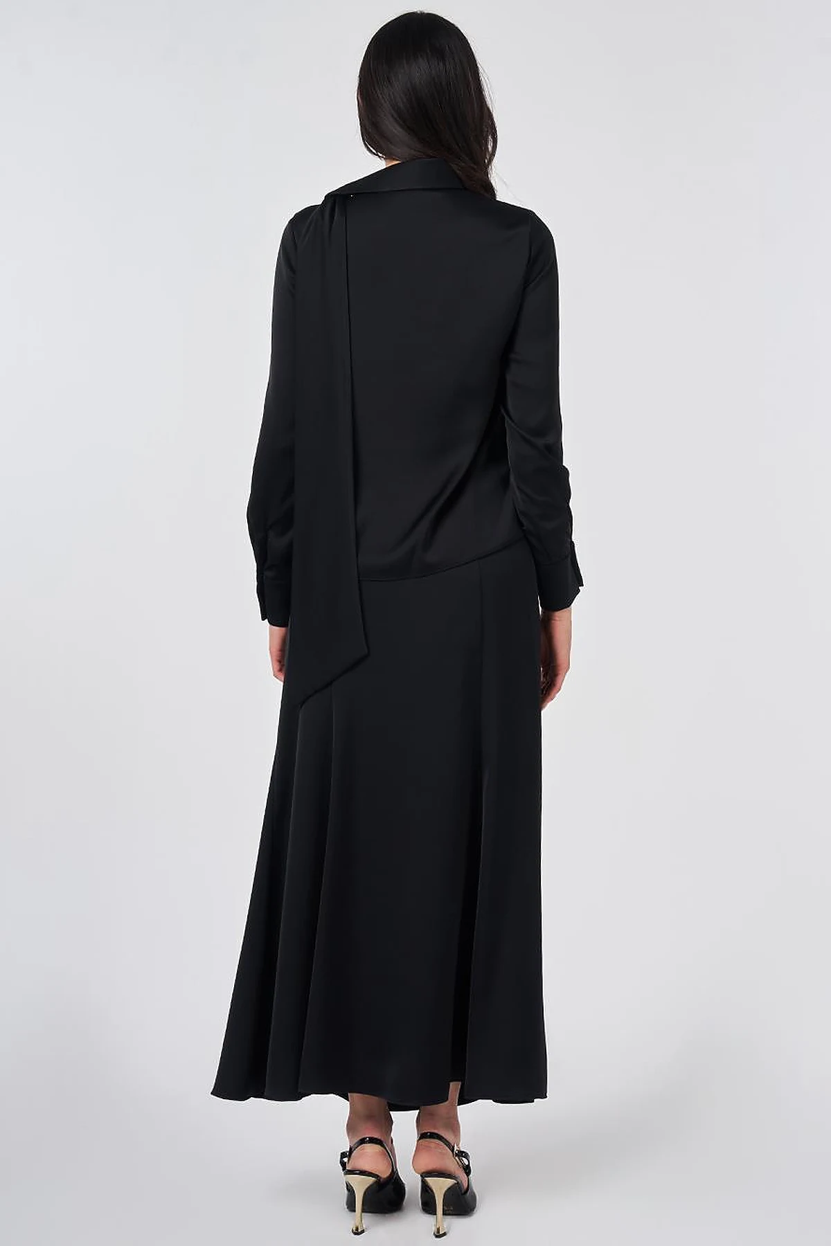 Shawl Collar Satin Elegant Blouse Black