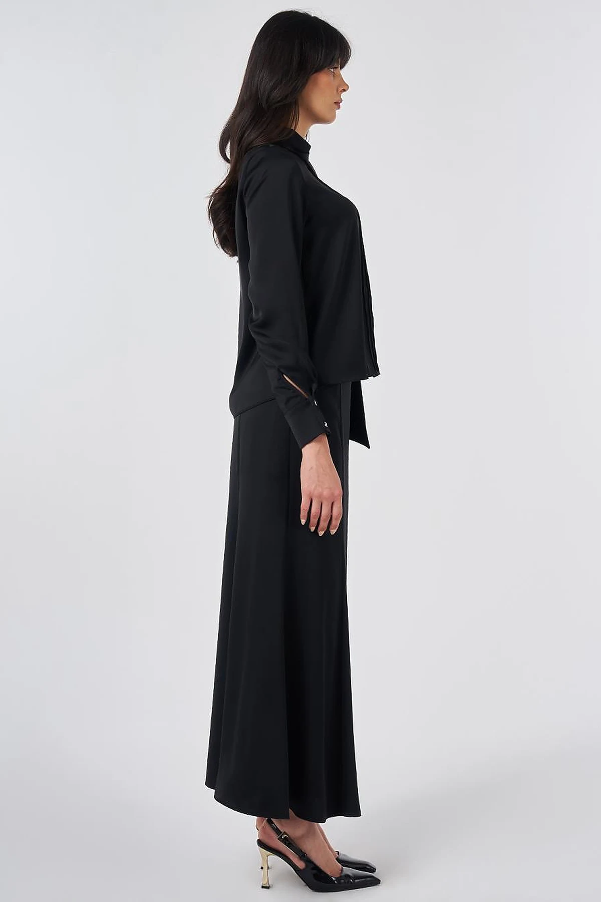 Shawl Collar Satin Elegant Blouse Black
