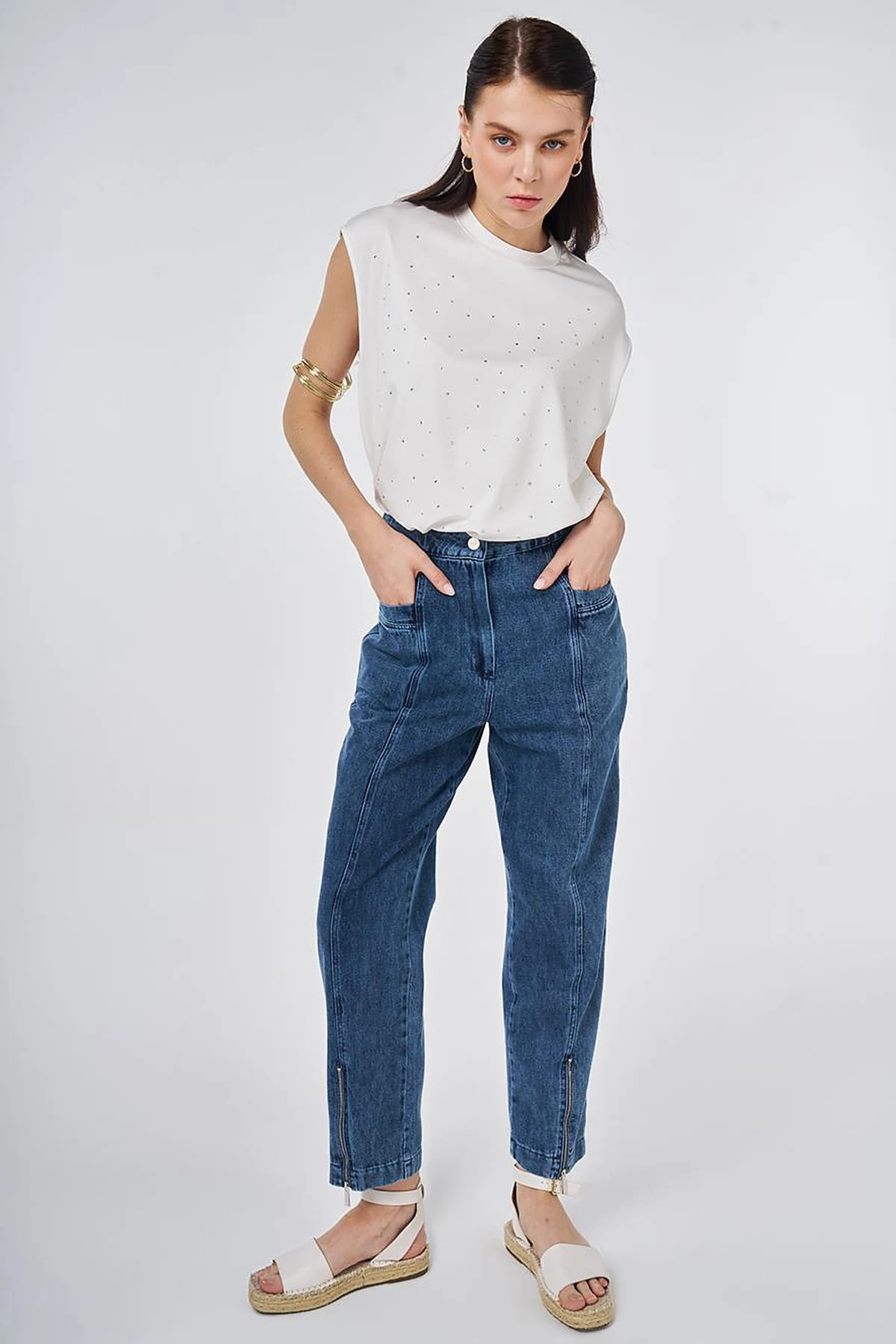 Washed Denim Trousers with Zippered Hems Blue 
