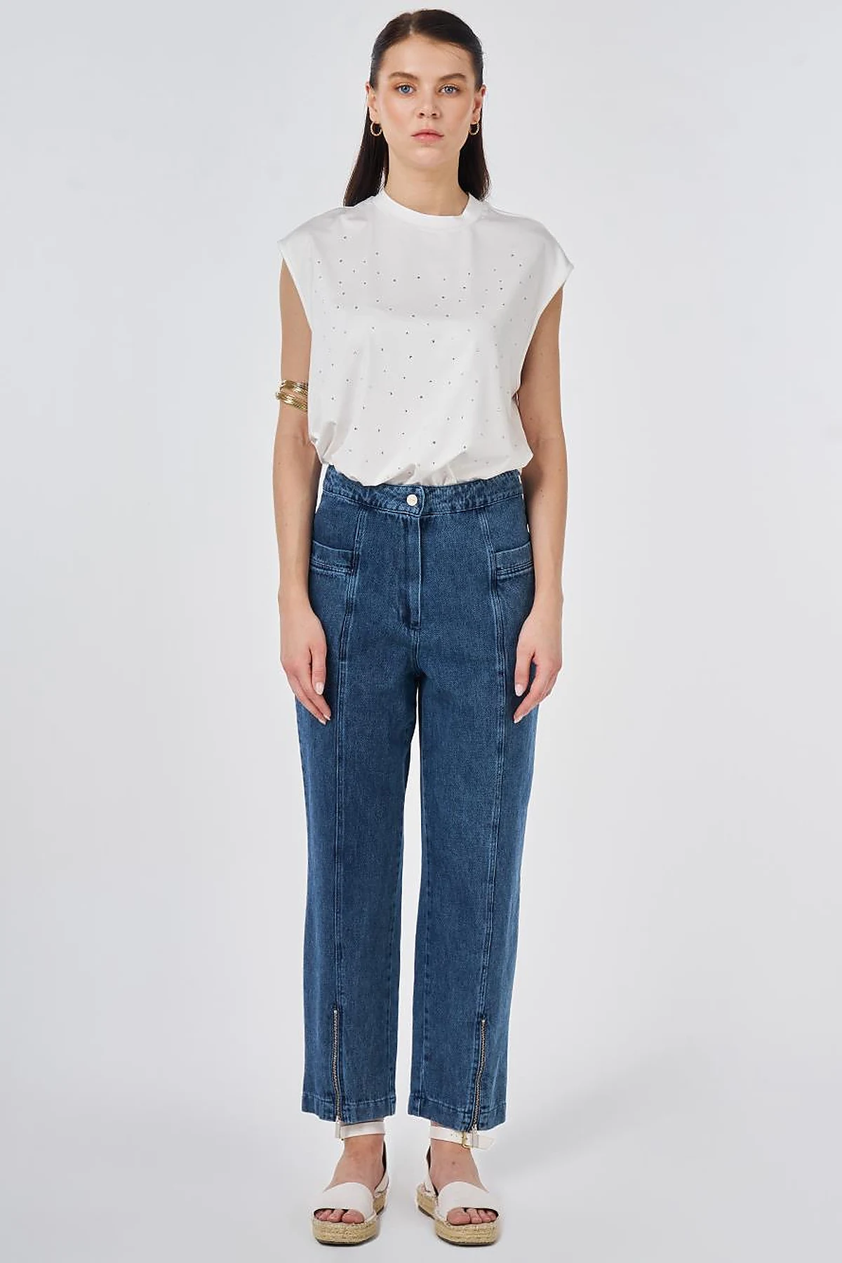 Washed Denim Trousers with Zippered Hems Blue 