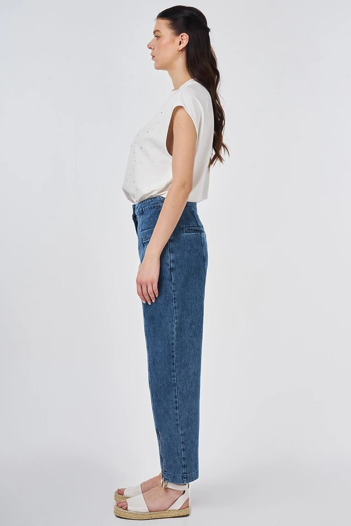 Washed Denim Trousers with Zippered Hems Blue 