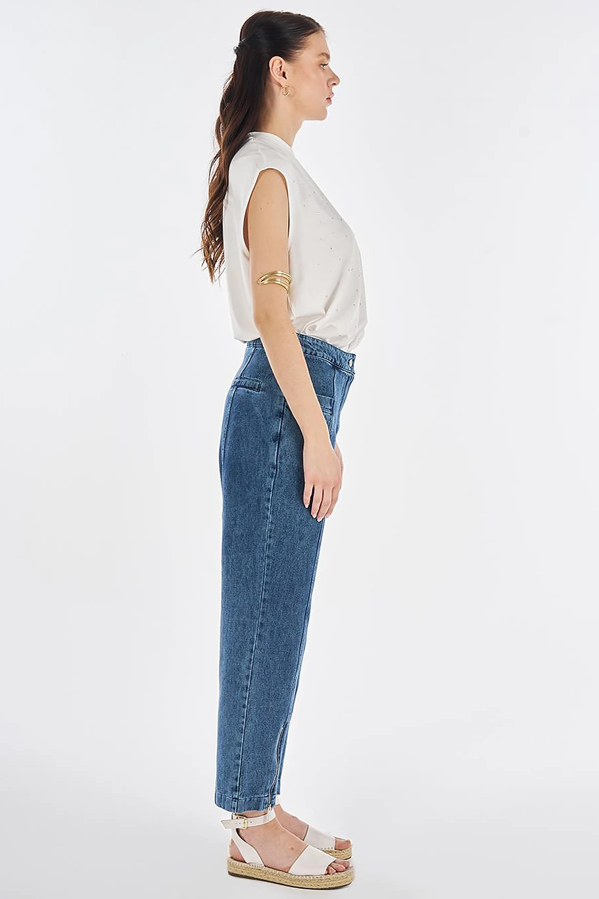 Washed Denim Trousers with Zippered Hems Blue 